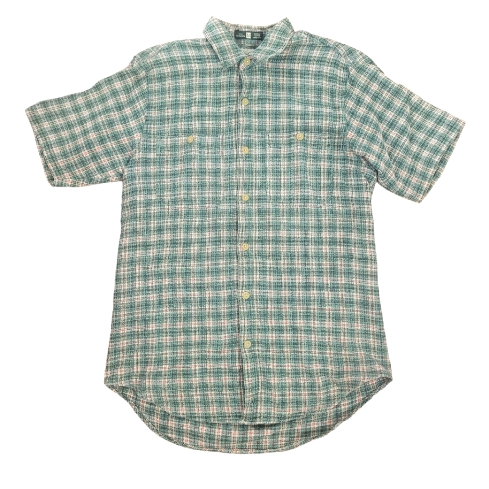 Royal Robbins green plaid short sleeve Cotton polo shirt size medium